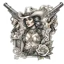 sexy cowgirl with rose and pistols tattoo design idea