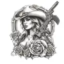 sexy cowgirl with rose and pistols tattoo design idea
