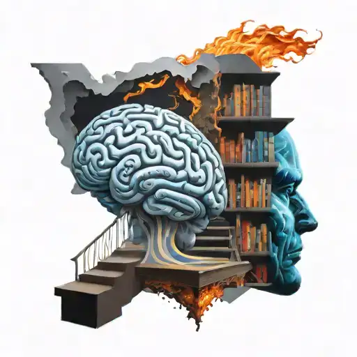 brain with infinity staircase leading up to the window on the brain but the thoughts are trapped in the fire with book tattoo design idea