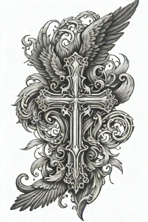 cross and angel wings spread tattoo design idea