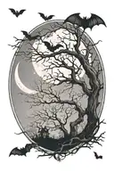 leafless tree with bats flying around the top and bottom and the moon behind the leafless tree with a bat flying around  tattoo design idea