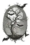 leafless tree with bats flying around the top and bottom and the moon behind the leafless tree with a bat flying around  tattoo design idea