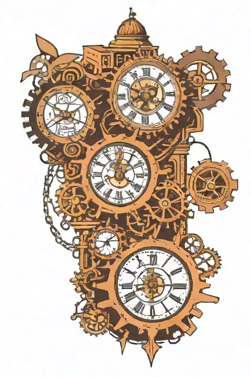 A surreal scene of a clock tower with psychology symbols as the gears, and music notes as the chimes tattoo design idea