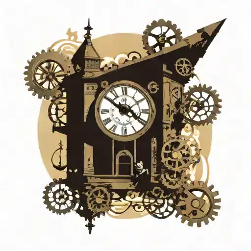 A surreal scene of a clock tower with psychology symbols as the gears, and music notes as the chimes tattoo design idea