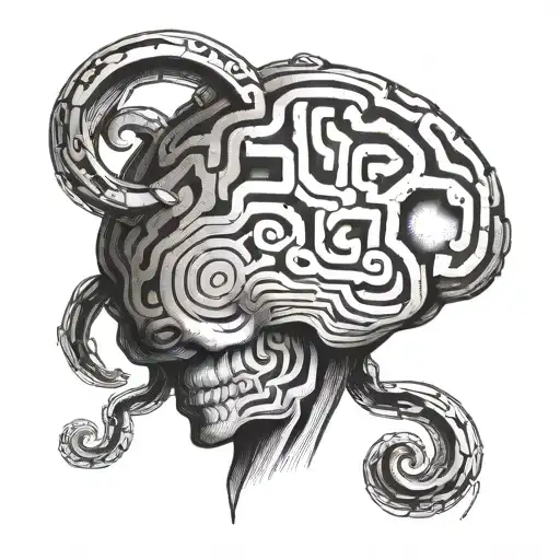 A surrealistic tattoo of a brain with a labyrinth inside, representing the complexity of the mind and the love for psychology tattoo design idea