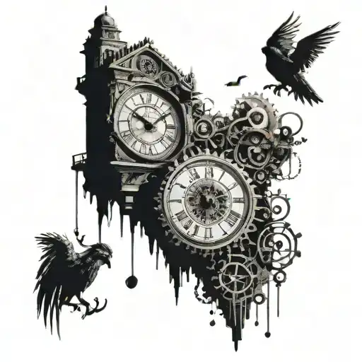 A surreal scene of a clock tower with psychology symbols as the gears, and music notes as the chimes tattoo design idea