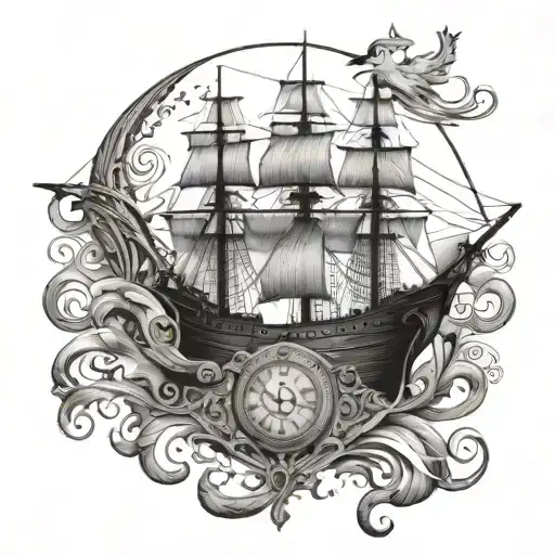 An intricate tattoo featuring a ship navigating through a sea of hourglasses, representing the passage of time and life's journey tattoo design idea