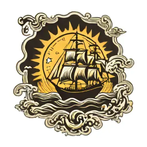 A ship sailing through a sea of psychology symbols, with a puzzle piece sun in the background tattoo design idea