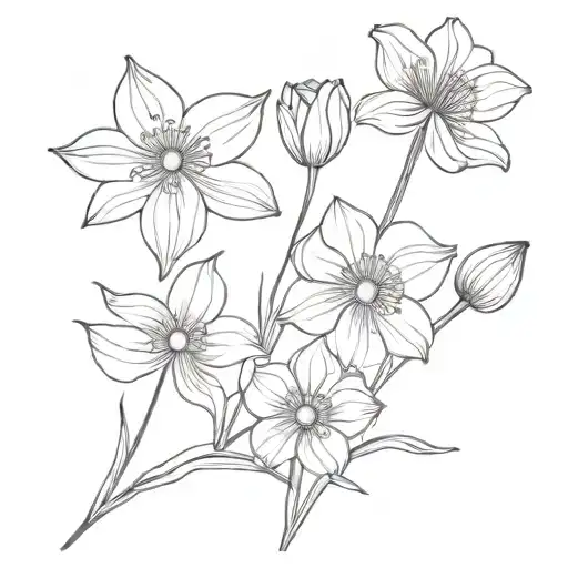 bouquet with narcissus flower, cosmos flower and poppy bud tattoo design idea