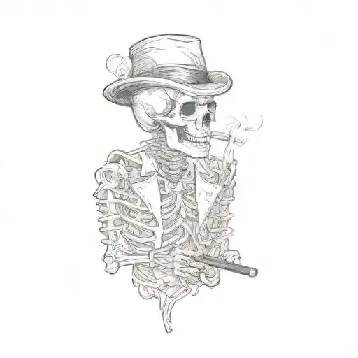 a skeleton wearing a hat and smoking a cigarette tattoo design idea