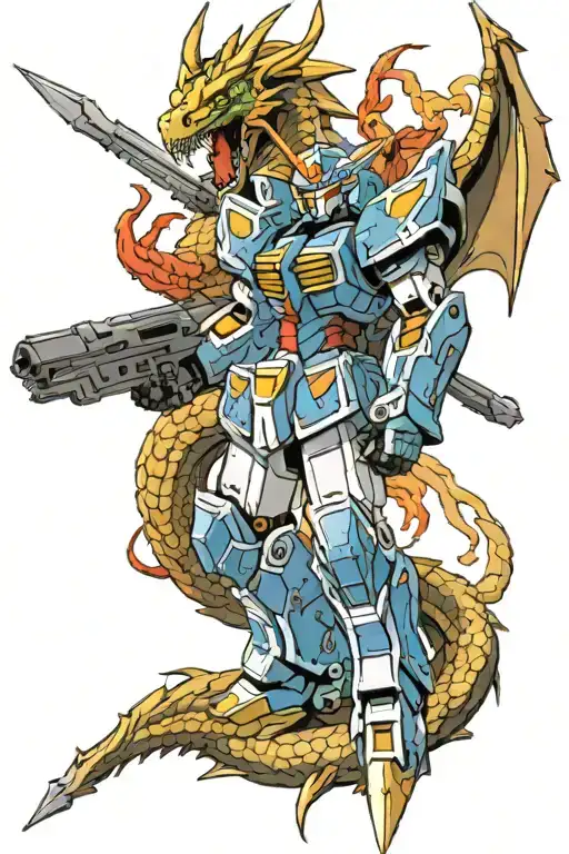 A new-school inspired design of a Gundam model battling a dragon, with video game elements incorporated into the background tattoo design idea
