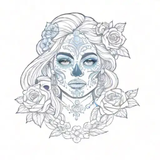 a woman with blue roses and sugar skulls tattoo design idea