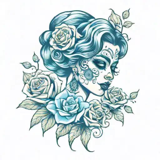 a woman with blue roses and sugar skulls tattoo design idea