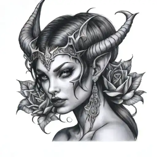 Design a tattoo of a succubus in a classic black and grey portrait style tattoo design idea
