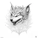 full body of fenrir bound in golden ribbon with tyr's hand in its mouth tattoo design idea