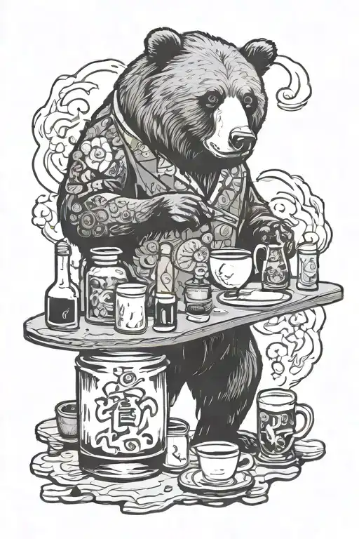 Bear Bartender mixing drinks alcohol and coffee tattoo design idea