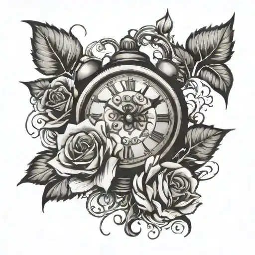 clock with roses tattoo design idea