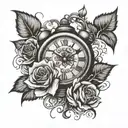 clock with roses tattoo design idea