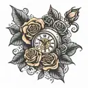 clock with roses tattoo design idea