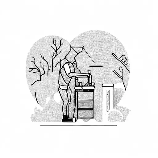 A detailed blackwork tattoo of a contractor working outdoors, surrounded by tools and equipment tattoo design idea