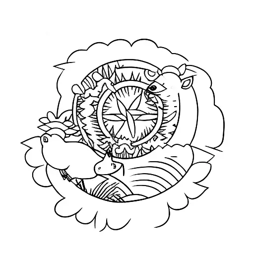 A minimalist tattoo of a serene landscape with a mama cow and her two babies grazing under a sunflower-filled sky tattoo design idea