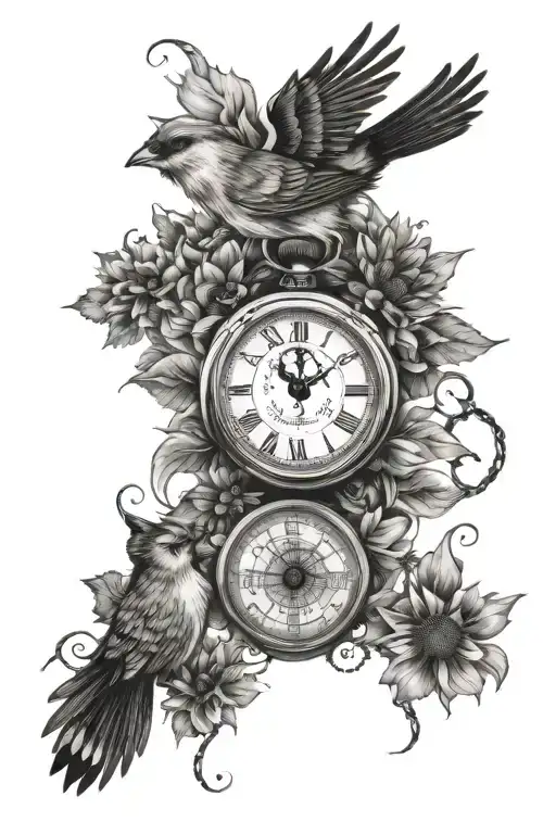 sunflower, phoenix, cardinal, stopwatch, 2 butterflies, dog tags, cardinal, dragonfly, a cross, 2 wolves, chains and vin tattoo design idea