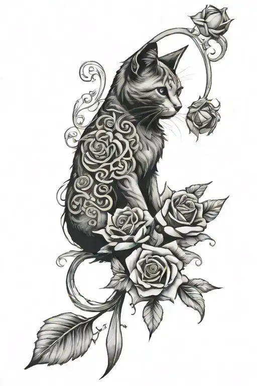 cat and serbian cross with rose tattoo design idea