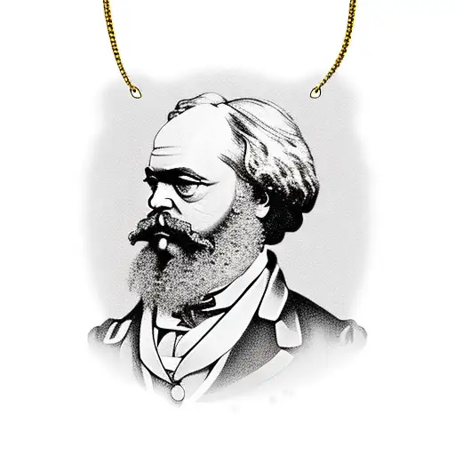 A portrait of Karl Marx wearing a gold chain with a rap lyric as a pendant tattoo design idea