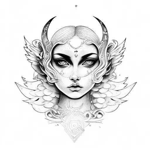 greek mythology woman moon child front view waist up leo spiritual pretty valkyrie   tattoo design idea