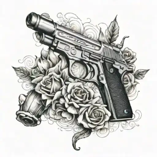 a realistic 9mm gun with roses and shell casings scattered tattoo design idea