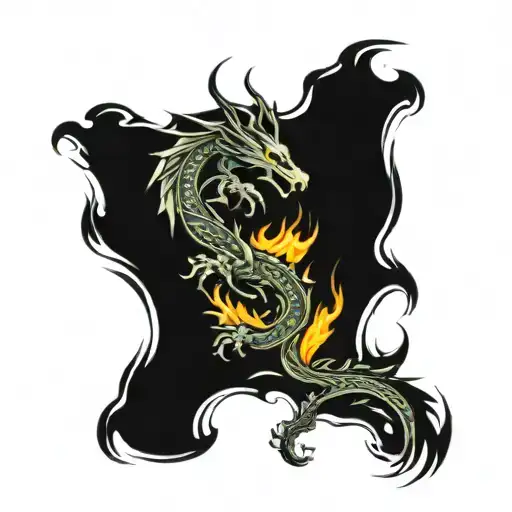 rainbow colored flame and dragon on full sleeve tattoo design idea