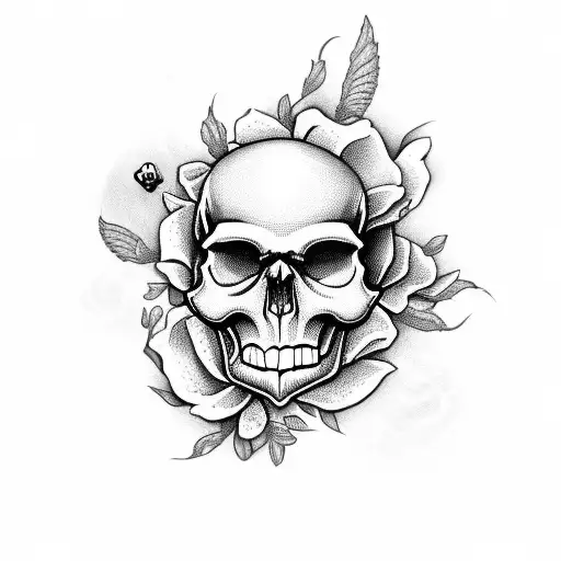 Skull with roses and butterflies and smoke tattoo design idea