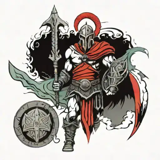 ares god of war with spartan sheild and a red cape and a spear tattoo design idea