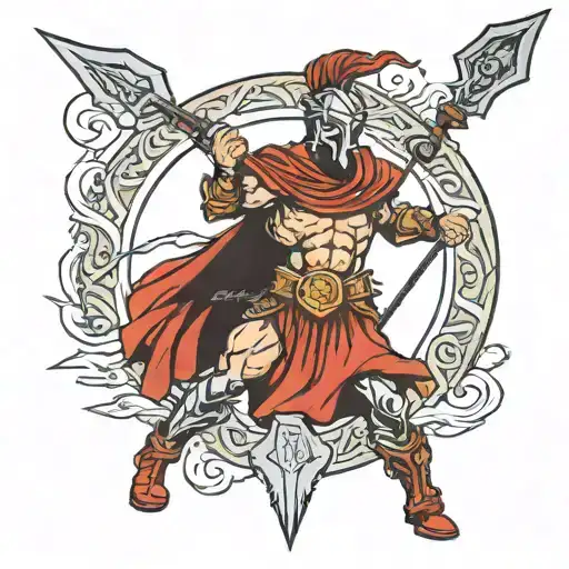 ares god of war with spartan sheild and a red cape and a spear tattoo design idea