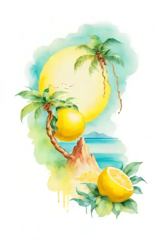 volcano in background, ocean, lemon trees in front  tattoo design idea