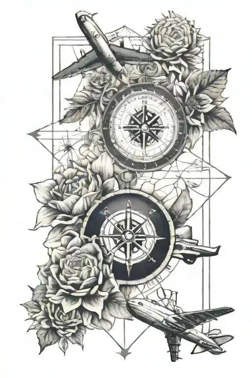 compass, globe, dahlias, plane, passport, polaroid tattoo design idea