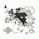 A blackwork tattoo of a detailed map of Europe with landmarks highlighted as travel destinations tattoo design idea