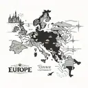 A blackwork tattoo of a detailed map of Europe with landmarks highlighted as travel destinations tattoo design idea