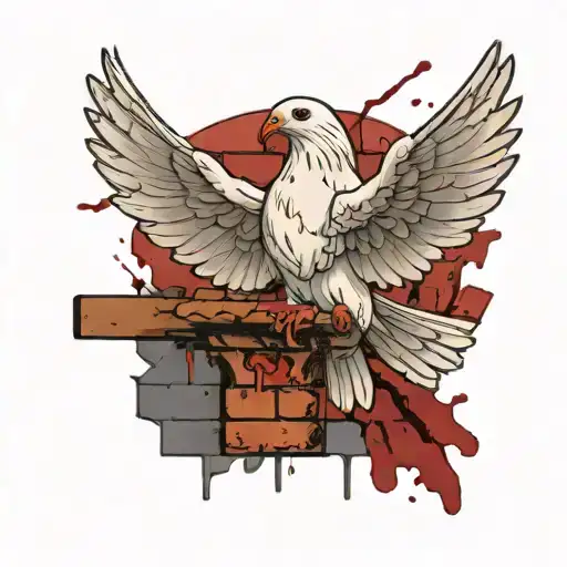 White dove sits on the destroyed brick wall, flag in his beak, wings covered in blood tattoo design idea