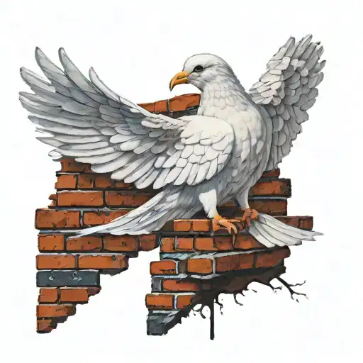 White dove sits on the destroyed brick wall, a flag in the beak, after  the beak goes a blood track, wings covered in bl tattoo design idea