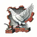 White dove sits on the destroyed brick wall,  flag in his beak, the red color on the flag turns into blood tattoo design idea