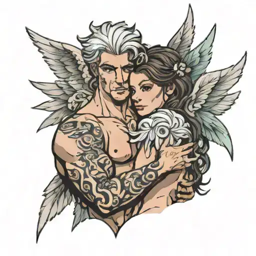 buff angel boy with brown hair holding girl with gray hair tattoo design idea