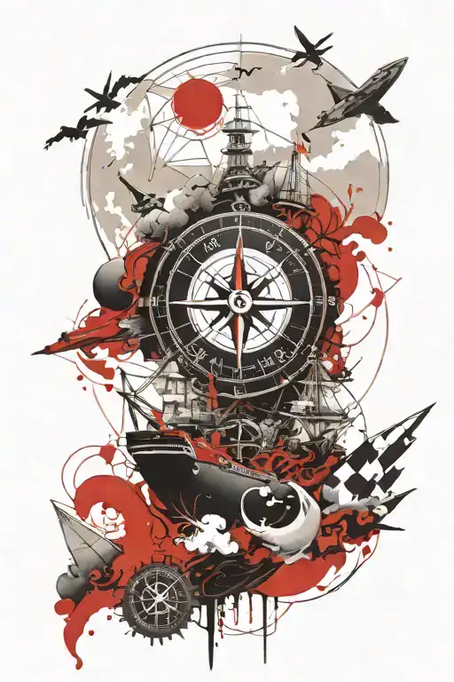 compass, ship, sea, clouds, sun. tattoo design idea