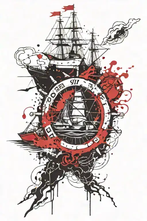 The helm of the ship, the ship, the sea, the clouds, the sun. tattoo design idea
