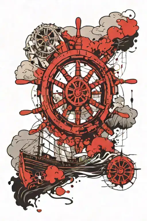 ship's wheel, ship, sea, clouds, sun. tattoo design idea