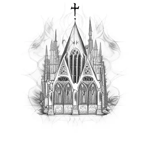 Gothic cathedral engulfed in flames tattoo design idea
