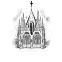 Gothic cathedral engulfed in flames tattoo design idea