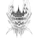 Gothic cathedral engulfed in flames tattoo design idea