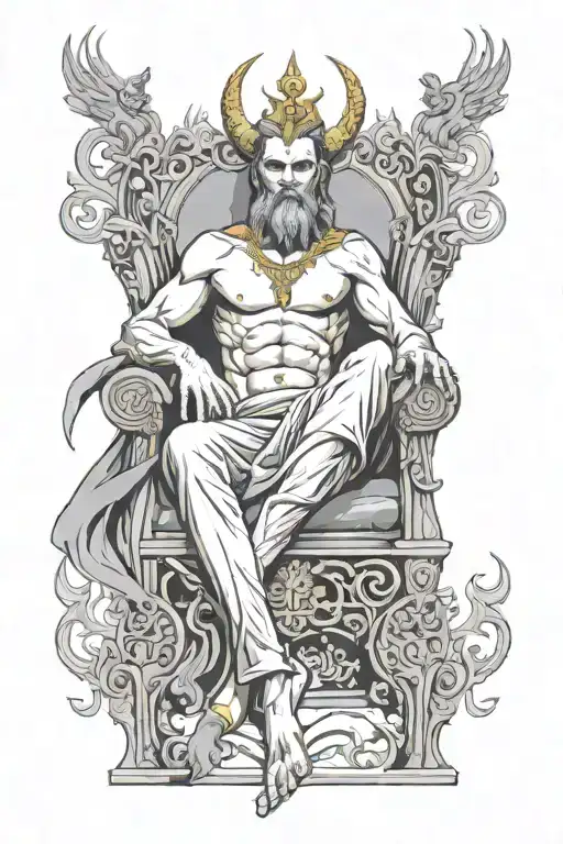 lucifer, most beautiful of gods creations, sitting on golden throne. one hand points up, one down. wreathed fire crown tattoo design idea