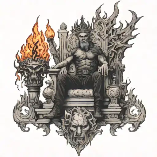 beautiful lucifer sits on a throne in hell. flame crown, hands as above so below. sigils adorn throne tattoo design idea